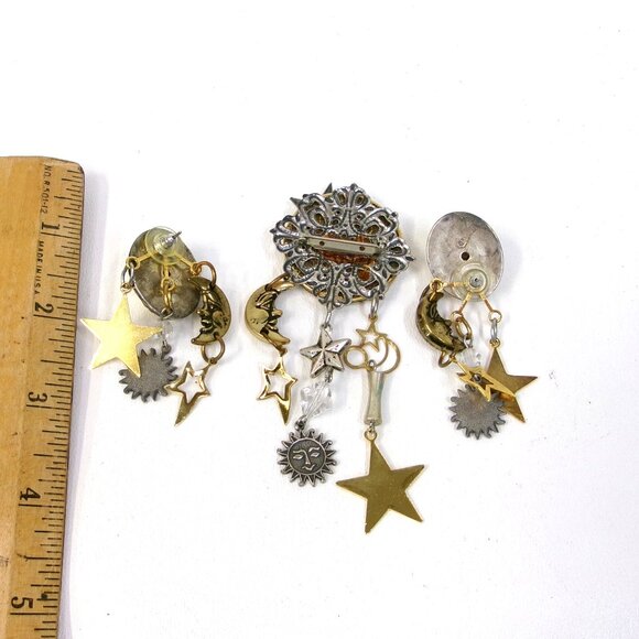 Vintage Gold Silver & Crystal Celestial Dangle Brooch & Post Earrings Set - Picture 2 of 2